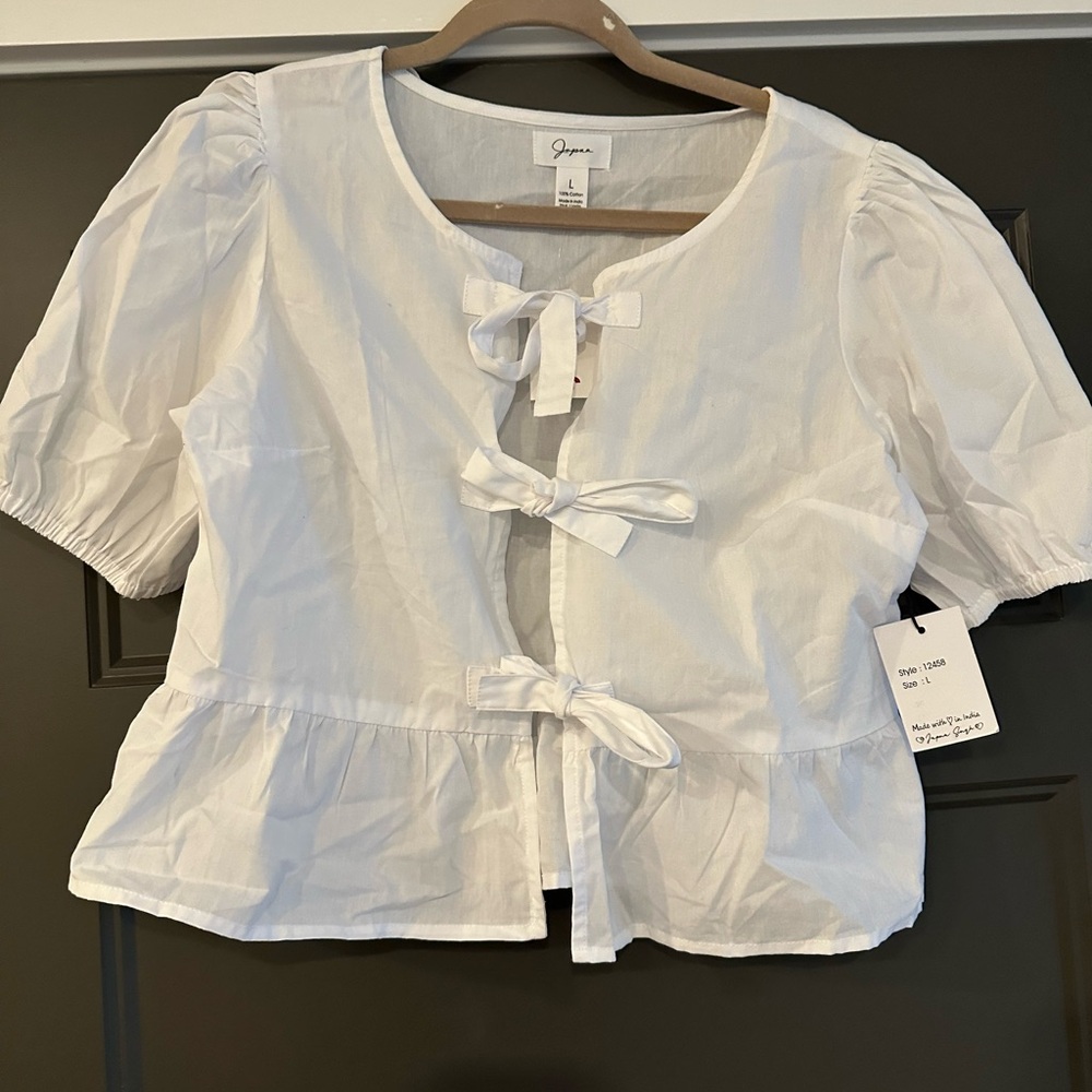 White Blouse with Tie Front Bow Accent